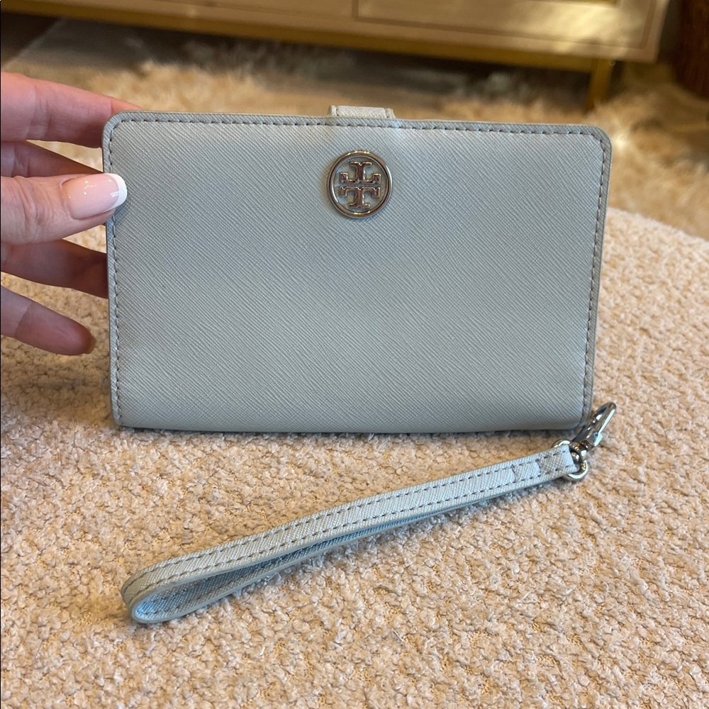 Tory Burch Saffiano Leather Wristlet Wallet in Light Blue